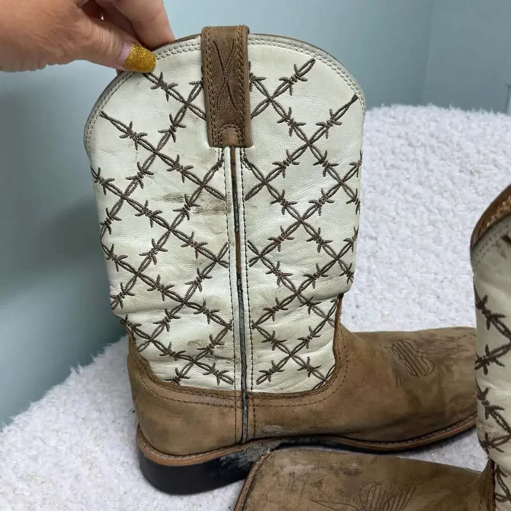 Twisted X Youth Bomber & White Barbed Wire Square Toe Western Boots Sz YOUTH 4